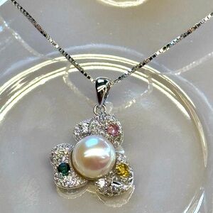NPF18 Genuine 0.3CT Rainbow Tourmaline Pearl 3-Petal FLOWER Pendant 18K S925